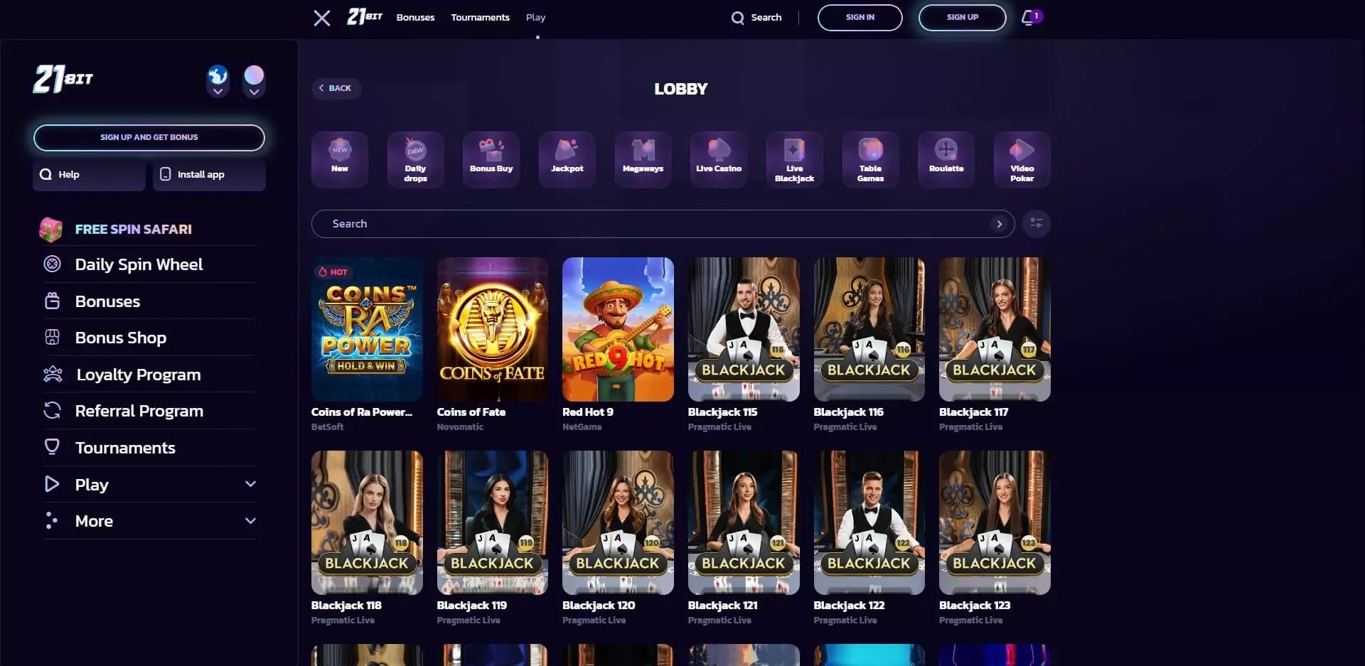 Impresionante lobby principal de 21bit Casino mostrando miles de emocionantes juegos disponibles
